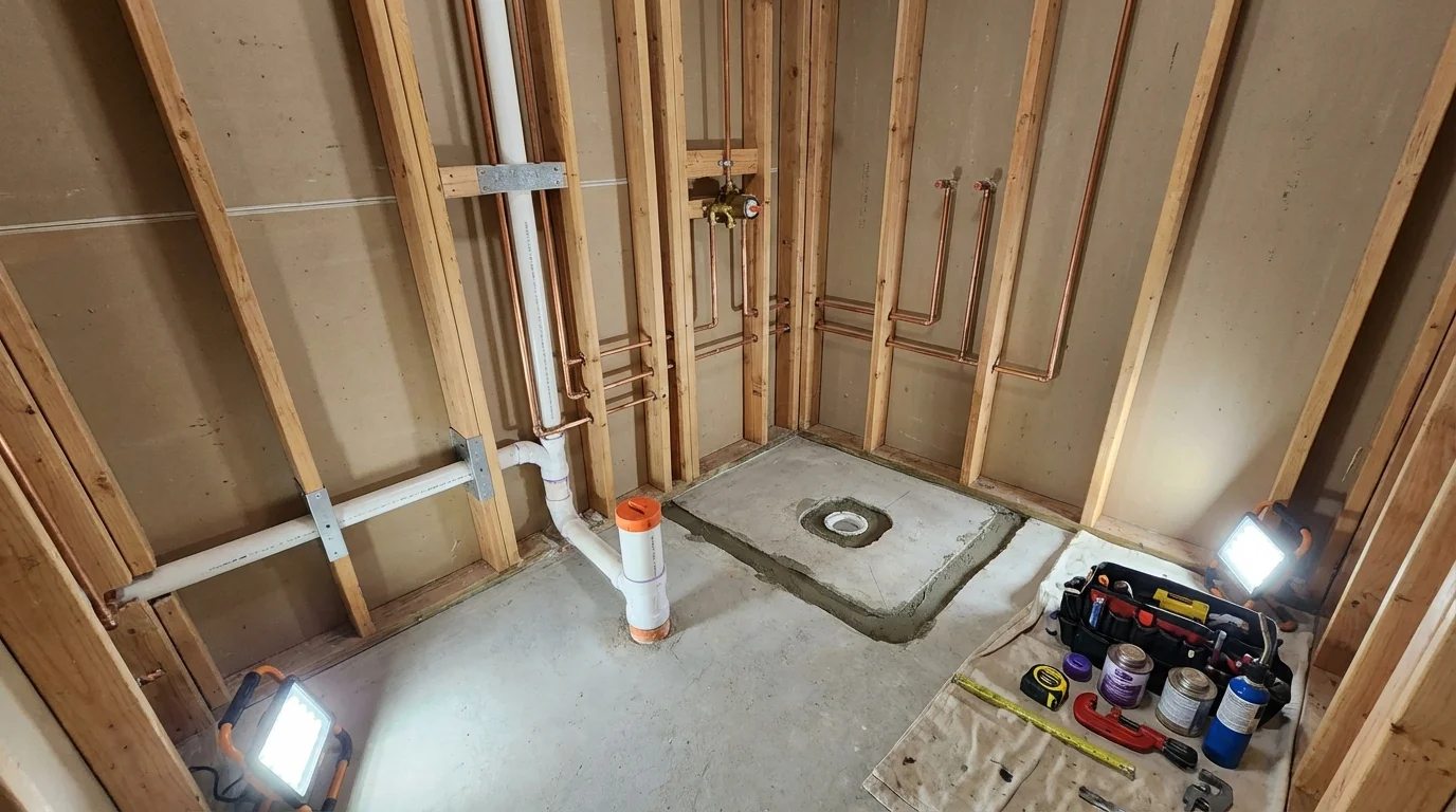 Bathroom rough-in plumbing during remodel by Johns Plumbing LLC in Mariposa