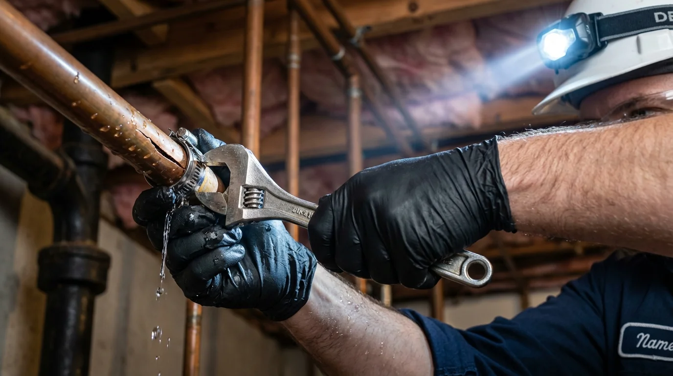 Emergency pipe clamp repair being performed by a Johns Plumbing LLC plumber in Mariposa