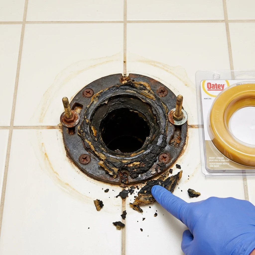 Failed wax ring showing water seepage at the base of a toilet in a Mariposa, CA home