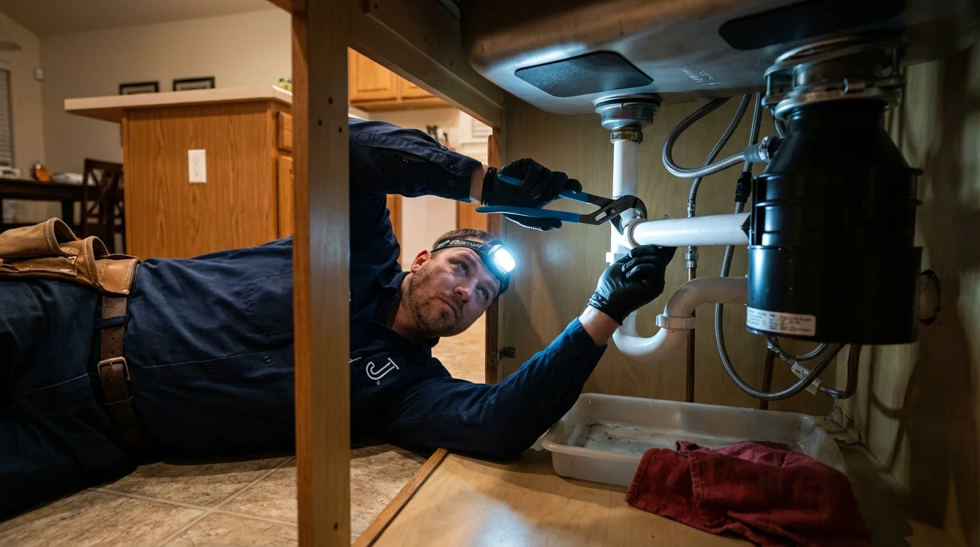 P-trap and supply line connections under a kitchen sink showing a common leak point in Mariposa, CA